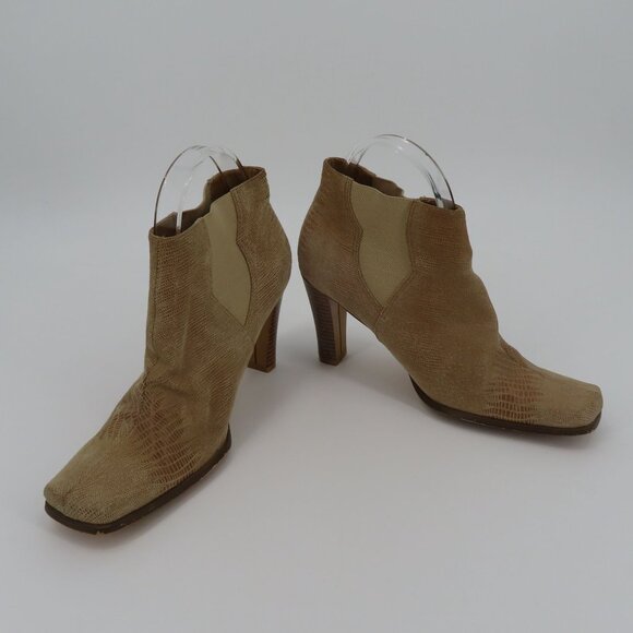 VTG Newport News Women 8 B Tan Leather Upper Square Ankle Boots Booties Boho - Picture 12 of 16